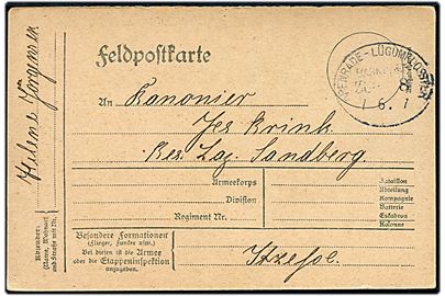 Ufrankeret feltpostkort dateret Loit med bureaustempel Apenrade - Lügumkloster Bahnpost Zug 8 d. 7.6.1917 til soldat på lazaret i Itzehoe.