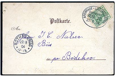 5 pfg. Germania på brevkort dateret Loit Kirkeby annulleret med bureaustempel Apenrade - Lügumkloster Bahnpost Zug 12 d. 27.8.1904 til Riis pr. Rødekro.