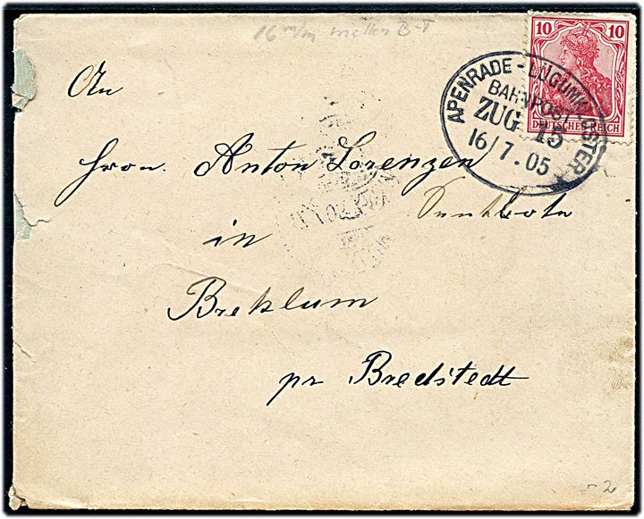 10 pfg. Germania på brev annulleret med bureaustempel Apenrade - Lügumkloster Bahnpost Zug 15 d. 16.7.1905 til Bredstedt.