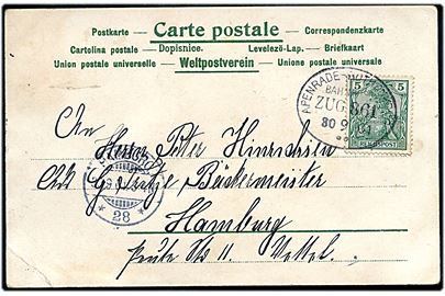 5 pfg. Germania på brevkort annulleret med bureaustempel Apenrade - Rothenkrug Bahnpost Zug 861 d. 30.9.1901 til Hamburg.