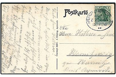 5 pfg. Germania på brevkort (Aabenraa panorama)  annulleret med bureaustempel Apenrade - Rothenkrug Bahnpost Zug 869 d. 14.1.1916 Warnitz kr. Apenrade.