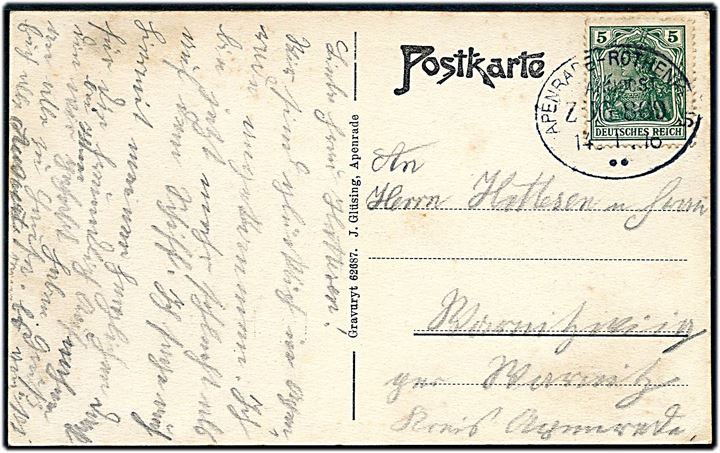 5 pfg. Germania på brevkort (Aabenraa panorama)  annulleret med bureaustempel Apenrade - Rothenkrug Bahnpost Zug 869 d. 14.1.1916 Warnitz kr. Apenrade.