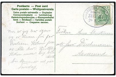 5 pfg. Germania på brevkort annulleret med bureaustempel Hadersleben - Aarösund Bahnpost Zug 21 d. 29.8.1905 til Aarösund.