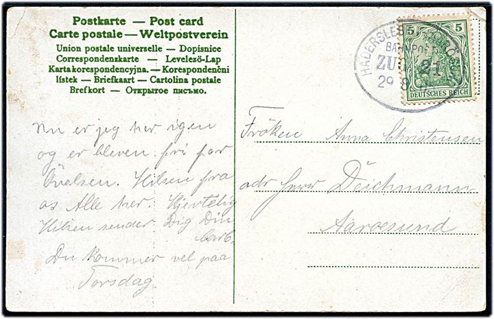 5 pfg. Germania på brevkort annulleret med bureaustempel Hadersleben - Aarösund Bahnpost Zug 21 d. 29.8.1905 til Aarösund.