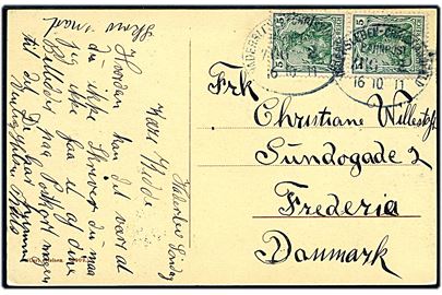 5 pfg. Germania i parstykke på brevkort (Haderslev, Lindedal) annulleret med bureaustempel Hadersleben - Christiansfeld Bahnpost Zug 2 d. 16.10.1911 til Fredericia, Danmark.
