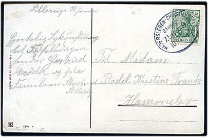 5pfg. Germania på brevkort dateret Sillerup og annulleret med bureaustempel Hadersleben - Christiansfeld Bahnpost Zug 9 d. 10.1.1912 til Hammelev.