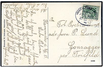 5 pfg. Germania på brevkort (Christianstal) dateret Hammelev og annulleret med bureaustempel Hadersleben - Woyens Bahnpost Zug 881 d. 27.10.1913 til Friefeld.