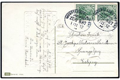5 pfg. Germania i parstykke på brevkort annulleret med bureaustempel Hadersleben - Woyens Bahnpost Zug 887 d. 1.11.1912 til Esbjerg.