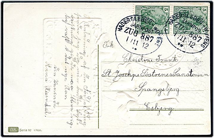 5 pfg. Germania i parstykke på brevkort annulleret med bureaustempel Hadersleben - Woyens Bahnpost Zug 887 d. 1.11.1912 til Esbjerg.