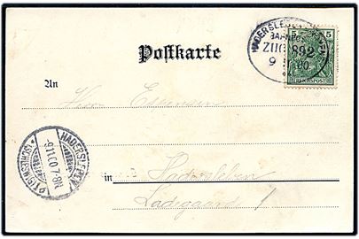 5 pfg. Germania på brevkort (Gruss aus Woyens med mølle) annulleret med bureaustempel Hadersleben - Woyens Bahnpost Zug 892 d. 9.11.1900 til Haderslev.