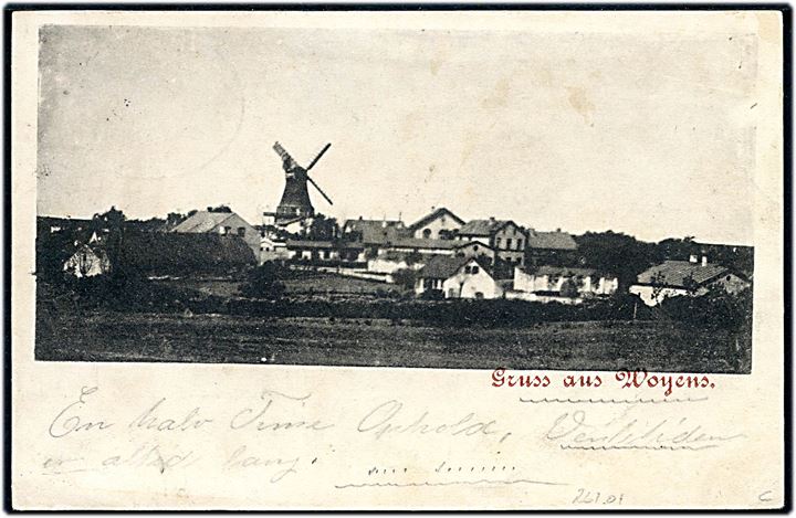 5 pfg. Germania på brevkort (Gruss aus Woyens med mølle) annulleret med bureaustempel Hadersleben - Woyens Bahnpost Zug 892 d. 9.11.1900 til Haderslev.