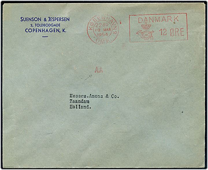 12 øre Posthusfranko på tryksag fra København d. 10.3.1954 til Zaandam, Holland. Tydeligt AA markering fra maskinel transorma sortering i Holland.