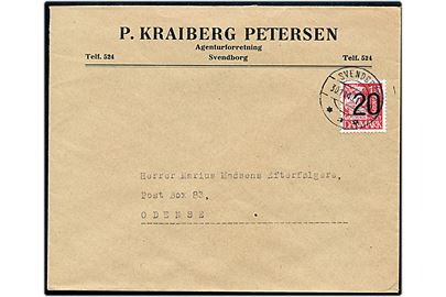 20/15 øre Provisorium single på brev fra Svendborg d. 30.11.1940 til Odense.