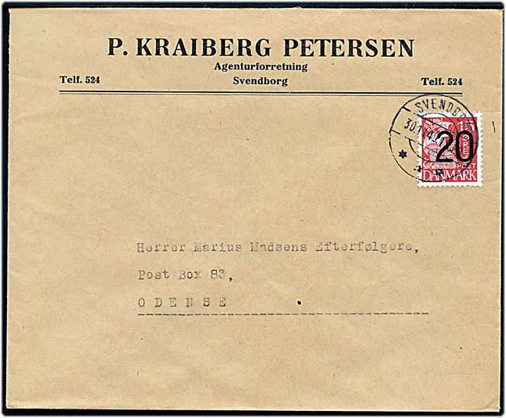 20/15 øre Provisorium single på brev fra Svendborg d. 30.11.1940 til Odense.