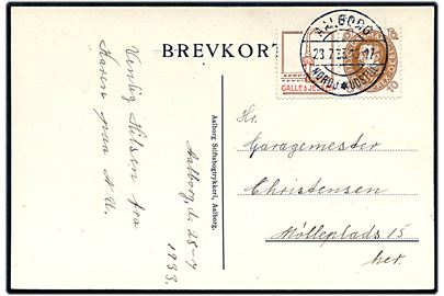 10 øre Chr. X 60 år og Galle & Jessen reklamemærke på lokalt brevkort (Nordjysk Udstiling) annulleret med særstempel Aalborg Nordj*Udstill. d. 28.7.1933.