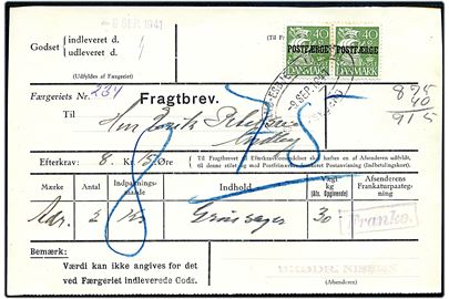 40 øre Karavel Postfærgemærke i parstykke på fragtbrev for gods fra Esbjerg d. 9.9.1941 til Nordby Fanø.