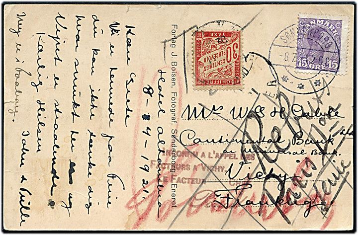 15 øre Chr. X på underfrankeret brevkort fra Sønderborg d. 8.7.1921 til Vichy, Frankrig. Påsat fransk 30 c. Portomærke. Retur til Danmark.