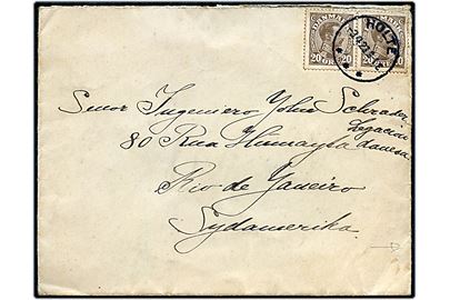 20 øre Chr. X i parstykke på brev fra Holte d. 3.4.1923 til Rio de Janeiro, Brasilien. På bagsiden ank.stempel fra den danske legation i Rio de Janeiro.