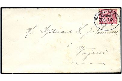 10 pfg. Germania på brev annulleret med bureaustempel Woyens - Rödding Bahnpost Zug 23 d. 4.11.1901 til Vojens.