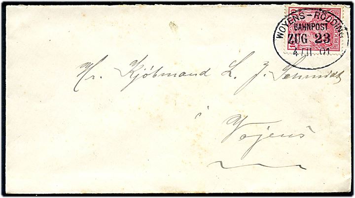 10 pfg. Germania på brev annulleret med bureaustempel Woyens - Rödding Bahnpost Zug 23 d. 4.11.1901 til Vojens.