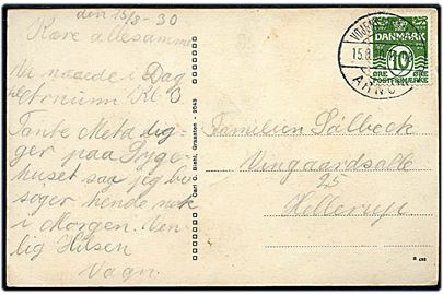 10 øre Bølgelinie på brevkort (Bdr. Sølbeks' forretning i Arnum) annulleret med bureaustempel Vojens - Gramby - Arnum T.48 d. 15.8.1930 til Hellerup.