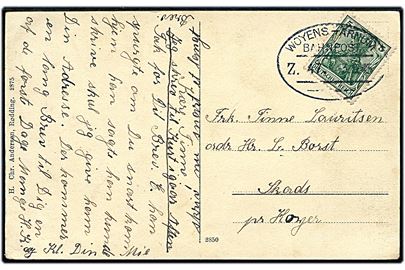 5 pfg. germania på brevkort annulleret med bureaustempel Woyens - Arnum Bahnpost Zug 47 d. 3.9.1915 til Højer.