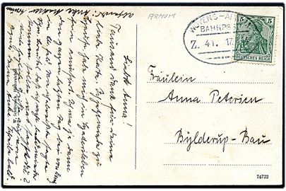 5 pfg. Germania på brevkort (Arnum, husholdningsskole) annulleret med bureaustemjpel Woyens - Arnum Bahnpost Zug 41 d. 17.7.1914 til Bylderup-Bov.