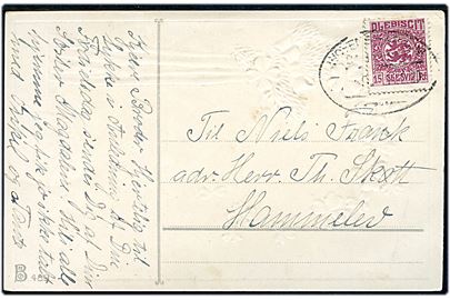 15 pfg. Fælles udg. på brevkort annulleret med svagt bureaustempel Woyens - Arnum Bahnpost Zug ? d. 14.2.1920 til Hammelev.