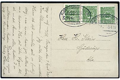 5 pfg. Fælles udg. (3) på brevkort (Broager i sne) annulleret med bureaustempel Wester-Satrup - Schelde Bahnpost Zug 924 d. 3.4.1920 til Guderup på Als.