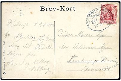 10 pfg. Germania på brevkort fra Döstrup annulleret med bureaustempel Tondern - Hvidding Bahnpost Zug 1228 d. 28.2.1910 til Herning.