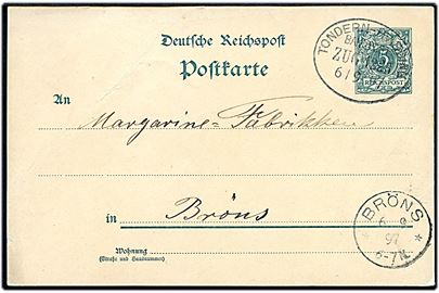 5 pfg. helsagsbrevkort dateret Medolden annulleret med bureaustempel Tondern - Hvidding Bahnpost Zug 1223 d. 6.9.1897 til Brøns.