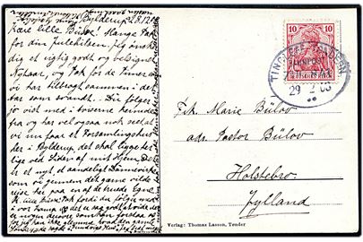 10 pfg. Germania på brevkort dateret Bylderup (Mindesten for fund af guldhorn) annulleret med bureaustempel Tingleff - Tondern Bahnpost Zug 841 d. 29.2.1912 (Skuddag) til Holstebro, Danmark.
