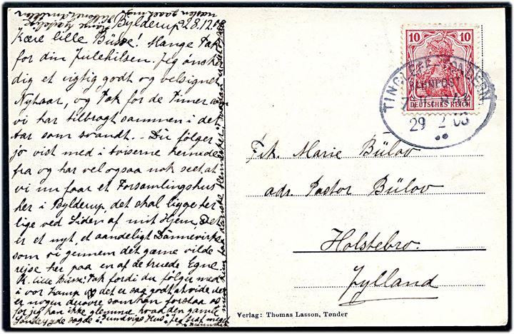 10 pfg. Germania på brevkort dateret Bylderup (Mindesten for fund af guldhorn) annulleret med bureaustempel Tingleff - Tondern Bahnpost Zug 841 d. 29.2.1912 (Skuddag) til Holstebro, Danmark.