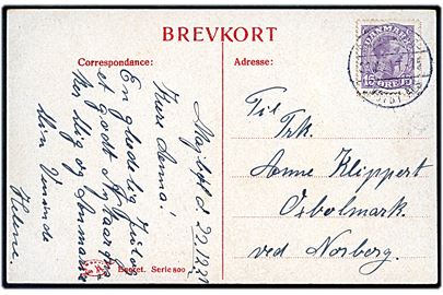 15 øre Chr. X på julekort fra Majbøl annulleret med bureaustempel Sønderborg - Skovby Als T.15 d. 22.12.1921 til Oxbølmark pr. Nørborg. 