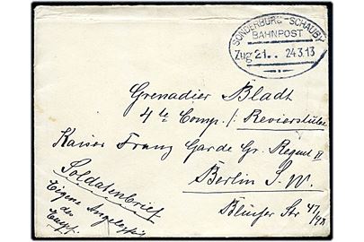 Ufrankeret soldaterbrev med bureaustempel Sonderburg - Schauby Bahnpost Zug 21 d. 24.3.1913 til grenadier i Berlin.