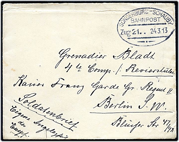 Ufrankeret soldaterbrev med bureaustempel Sonderburg - Schauby Bahnpost Zug 21 d. 24.3.1913 til grenadier i Berlin.