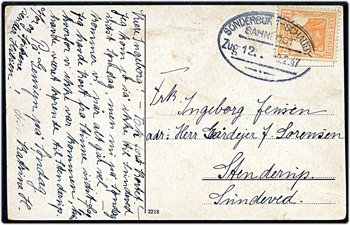 7½ pfg. Germania på brevkort annulleret med bureaustempel Sonderburg - Schauby Bahnpost Zug 12 d. 9.2.1917 til Stenderup pr. Sundeved.