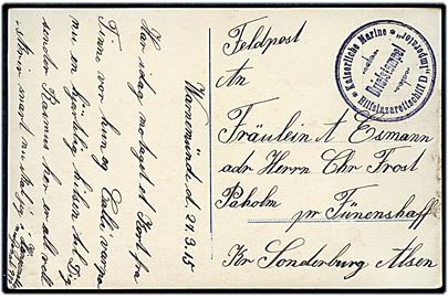 Ufrankeret marinefeltpostkort fra Warnemünde d. 27.3.1915 fra sønderjyde ombord på lazaretskib Imperator til Paholm pr. Fünenshaff på Als. Briefstempel: Kaiserlische Marine / Hilfslazarettschiff D Imperator. 