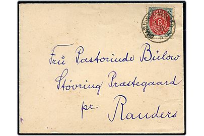 8 øre Tofarvet på brev annulleret med lapidar bureaustempel Bramminge - Vedsted d. 1.10.18xx til Støvring Præstegaard pr. Randers.