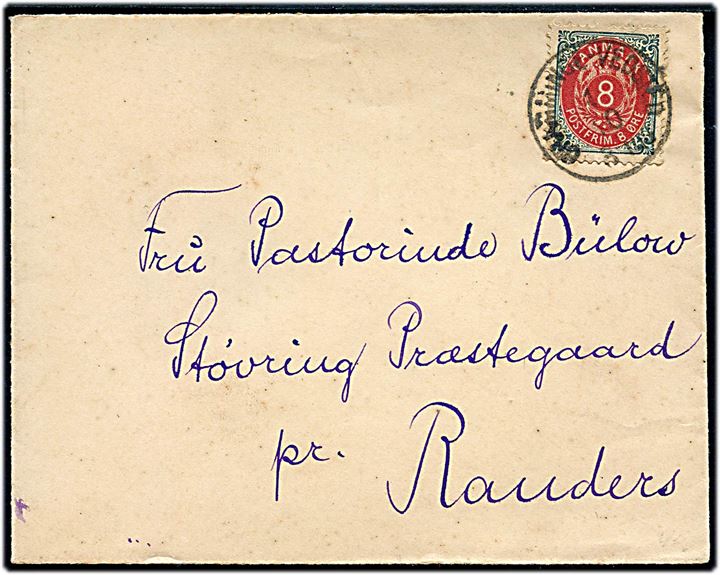 8 øre Tofarvet på brev annulleret med lapidar bureaustempel Bramminge - Vedsted d. 1.10.18xx til Støvring Præstegaard pr. Randers.