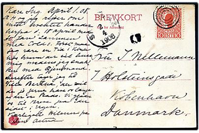 10 bit Fr. VIII på brevkort (St. Croix, Kongshøj (Kingshill) med kaserne) annulleret med stumt 4-ringsstempel og sidestemplet både C (skibspost fra Christiansted) og St. Thomas d. 2.4.1908 til København, Danmark.