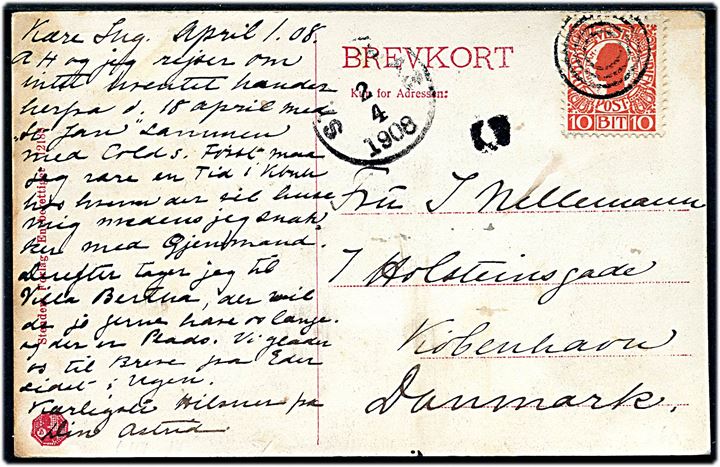 10 bit Fr. VIII på brevkort (St. Croix, Kongshøj (Kingshill) med kaserne) annulleret med stumt 4-ringsstempel og sidestemplet både C (skibspost fra Christiansted) og St. Thomas d. 2.4.1908 til København, Danmark.