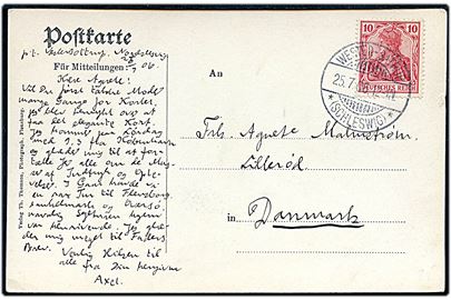 10 pfg. Germania på brevkort annulleret Wester-Satrup *(Schleswig)* d. 25.7.1906 til Lillerød, Danmark.
