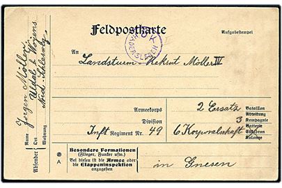 Ufrankeret fortrykt feltpostkort dateret Uldal pr. Woyens d. 31.12.1916 til sønderjysk soldat i Gnesen. Violet censurstempel: Ü K Hadersleben.