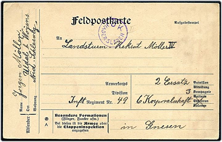 Ufrankeret fortrykt feltpostkort dateret Uldal pr. Woyens d. 31.12.1916 til sønderjysk soldat i Gnesen. Violet censurstempel: Ü K Hadersleben.