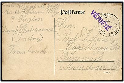 Ufrankeret krigsfangekort fra sønderjysk krigsfange, Willy Hoffmann, i fransk krigsfangelejr i Chateauroux dateret d. 24.12.1916 og stemplet d. 3.1.1917 til København. Fransk lejrcensur.