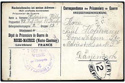 Ufrankeret fortrykt krigsfangekort fra sønderjysk soldat, Willy Hoffmann, i fransk fangenskab i Roche-Maurice d. 17.10.1918 til København, Danmark.