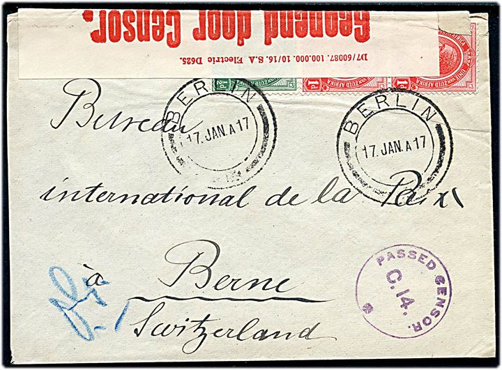 ½s og 1d (2) George V på brev stemplet Berlin d. 17.1.1917 til det internationale fredsbureau i Bern, Schweiz. Åbnet af sydafrikansk censur med fortrykt banderole og stempel: Passed Censor C. 14.