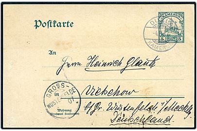 5 pfg. Hohenzollern helsagsbrevkort stemplet Duala Kamerun d. 4.11.1907 til Gross Wüstenfelde, Tyskland.