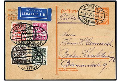 5 pfg. helsagsbrevkort opfrankeret med 10 pfg., 20 pfg., 40 pfg. og 1 g. Luftpost sendt som luftpost og annulleret med ovalt luftpost stempel Danzig 5 Luftpost d. 27.6.1930 til Berlin. 
